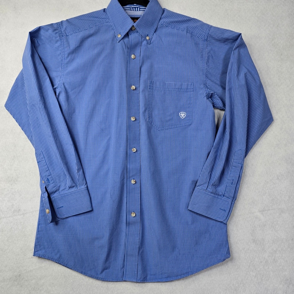 Ariat Pro Series Mens Small Blue White Micro Check Long Sleeve Button Down Shirt